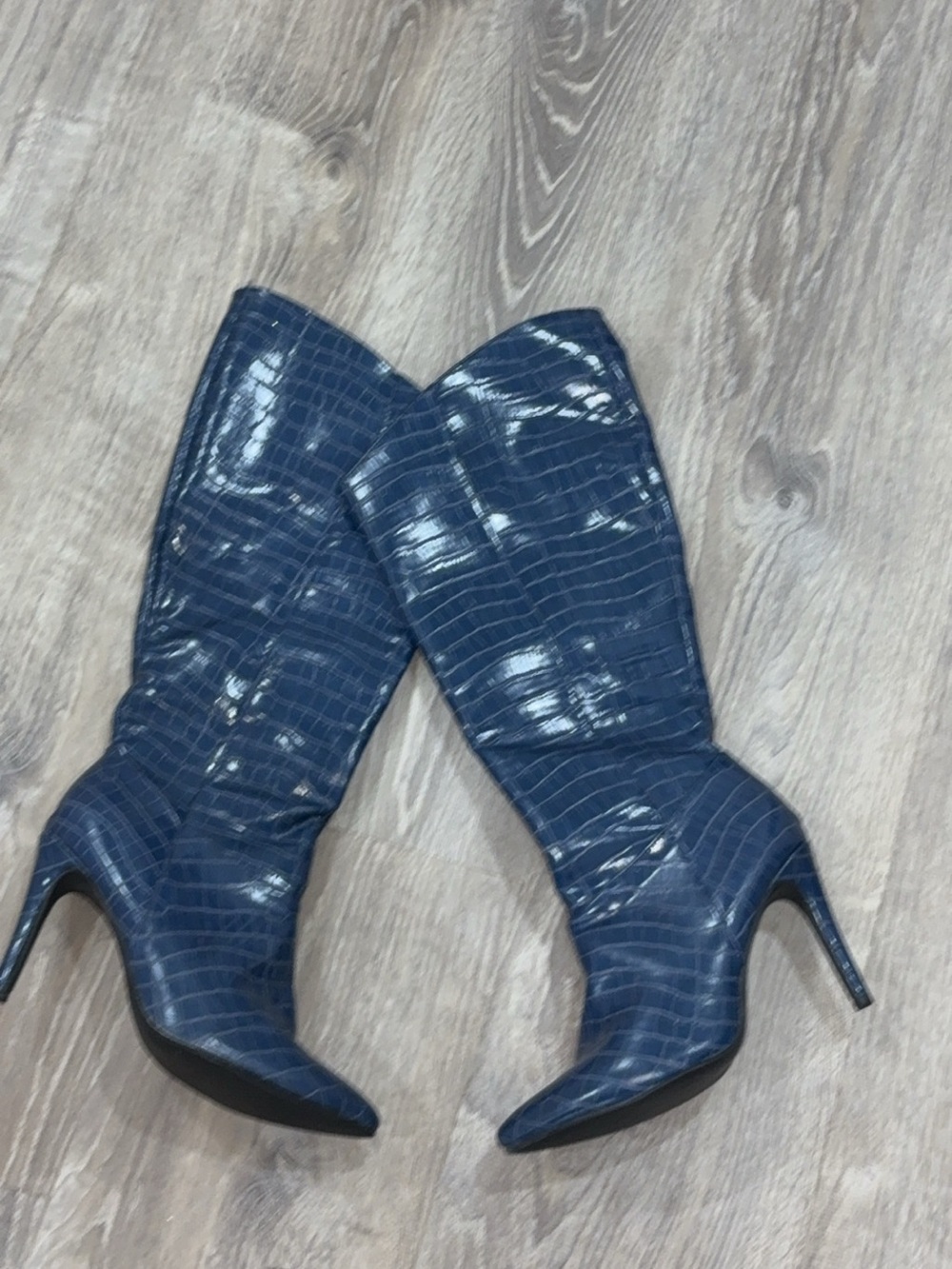 Othr Navy Croc-Embossed Pointed-Toe Stiletto Knee Boots